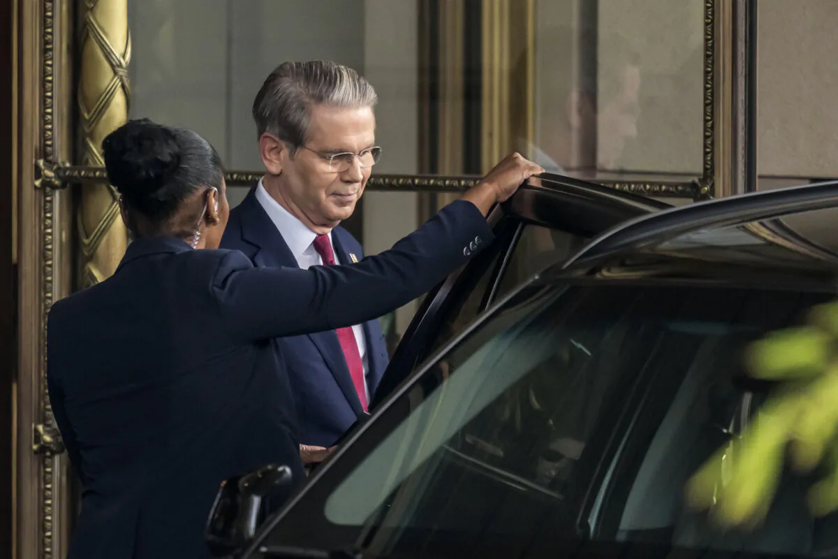 Secretary of Treasury Scott Bessent leaves his hotel to a meeting with China's officials on tariffs in Geneva, on May 10, 2025. (Fabrice Coffrini/AFP)