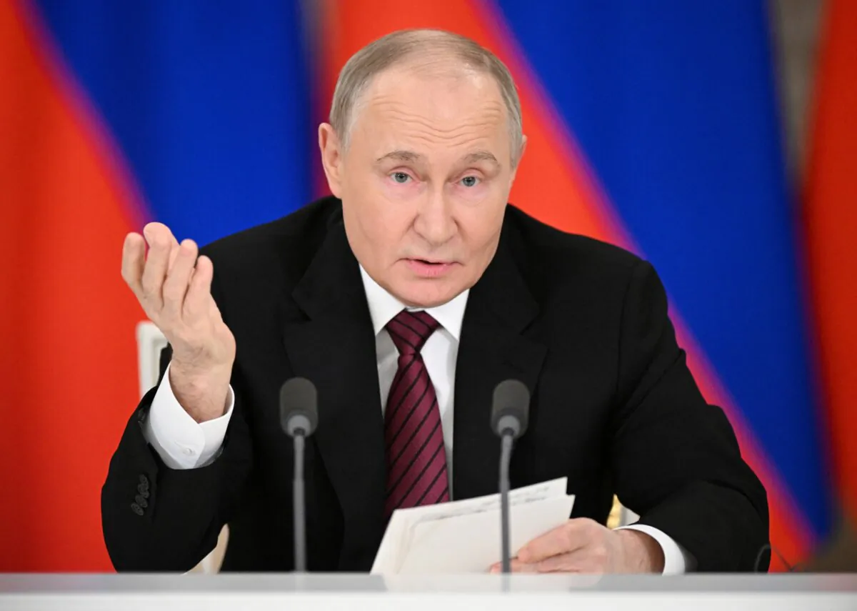 Russian President Vladimir Putin gives a statement to the media at the Kremlin in Moscow, Russia, on May 11, 2025. (Sergey Bobylev/Host agency RIA Novosti/Handout via Reuters)