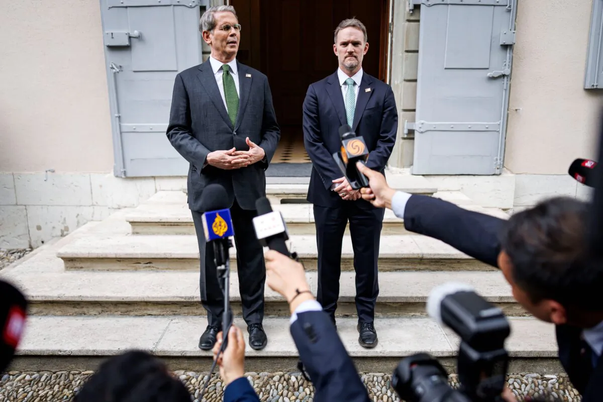 U.S. Treasury Secretary Scott Bessent (L) and U.S. Trade Representative Jamieson Greer speak to the media after talks between seniors U.S. and Chinese officials on tariffs at the residence of the permanent Swiss ambassador to the United Nations in Geneva on May 11, 2025. (Valentin Flauraud/AFP via Getty Images)