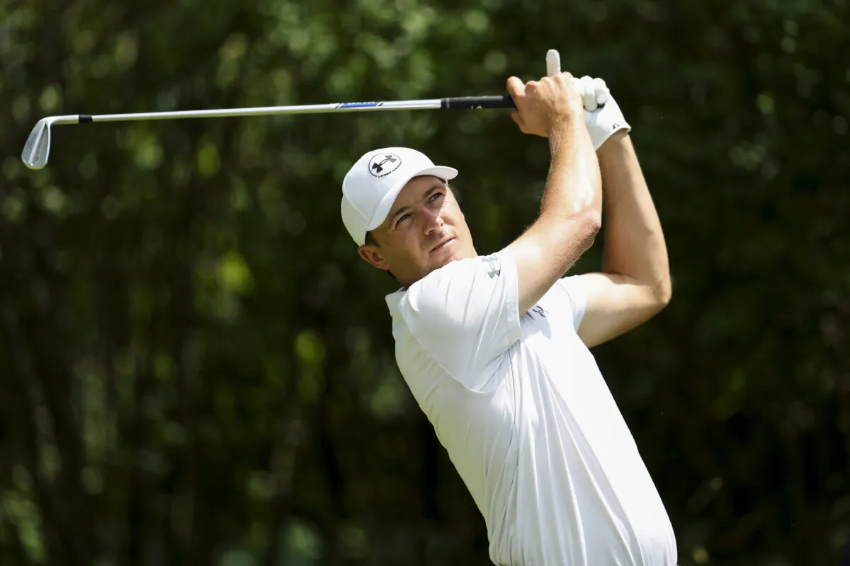 Jordan Spieth hits a tee shot on the third hole during the first round of the Truist Championship 2025 at The Wissahickon at Philadelphia Cricket Club in Flourtown, Pa., on May 8, 2025. (Emilee Chinn/Getty Images)
