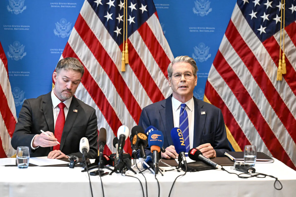U.S. Treasury Secretary Scott Bessent (R) and U.S. Trade Representative Jamieson Greer (L) hold a news conference in Geneva on May 12, 2025. (Fabrice Coffrini/AFP via Getty Images)