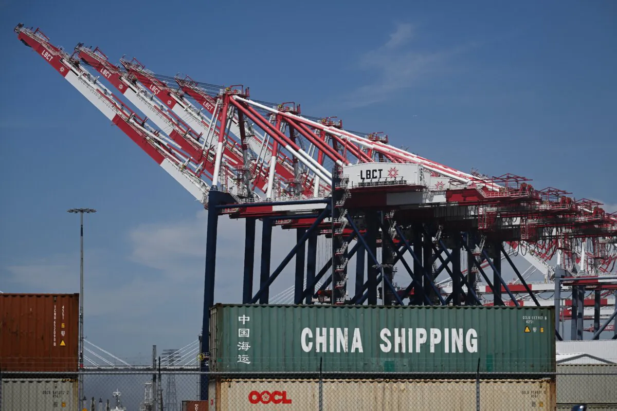 A China Shipping cargo container sits stacked at the Port of Long Beach in Long Beach, Calif., on April 10, 2025. (Patrick T. Fallon/AFP via Getty Images)