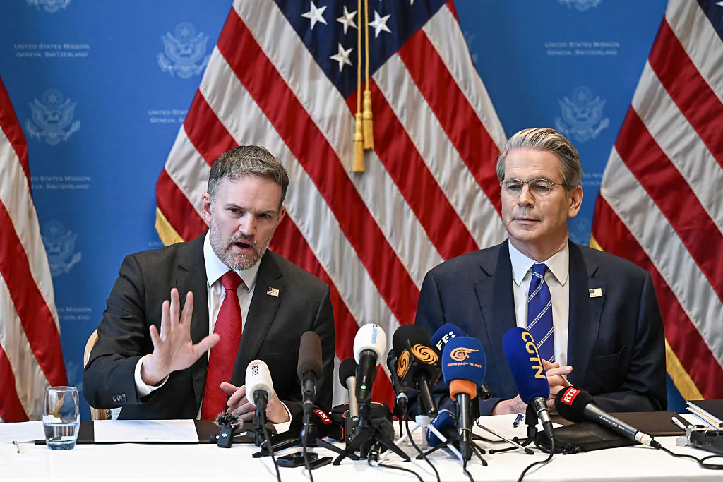 U.S. Treasury Secretary Scott Bessent (R) and U.S. Trade Representative Jamieson Greer hold a news conference to give details of "substantial progress" following a two-day closed-door meeting between U.S. and China top officials aimed at ending a devastating tariff war, in Geneva on May 12, 2025. (Fabrice Coffrini/AFP via Getty Images)