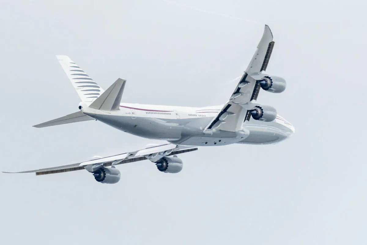 A 13-year-old private Boeing aircraft, toured by President Donald Trump amid Boeing's delays in updating the Air Force One presidential aircraft, takes off from Palm Beach International Airport in West Palm Beach, Fla., on Feb. 16, 2025. (Ben Curtis/AP Photo)