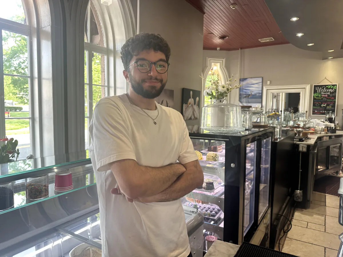 Alon Ben Avraham's family owns the Angelique Cafe in Tenafly, N.J., on May 12, 2025. (Juliette Fairley/The Epoch Times)