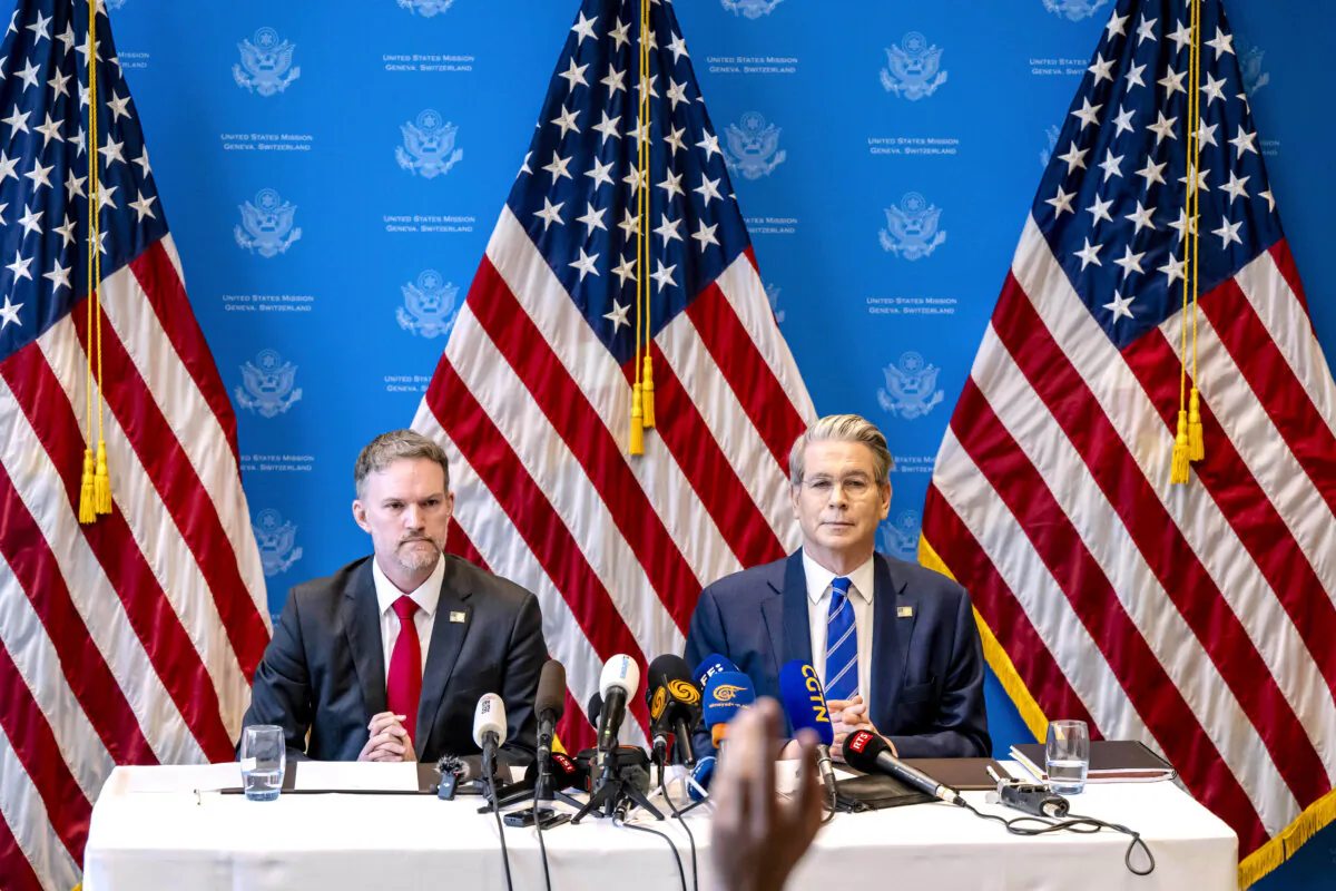 U.S. Trade Representative Jamieson Greer (L) and U.S. Secretary of the Treasury Scott Bessent take part in a press conference after two days of closed-door discussions on trade between the United States and China, in Geneva, Switzerland, on May 12, 2025. (Jean-Christophe Bott/Keystone via AP)