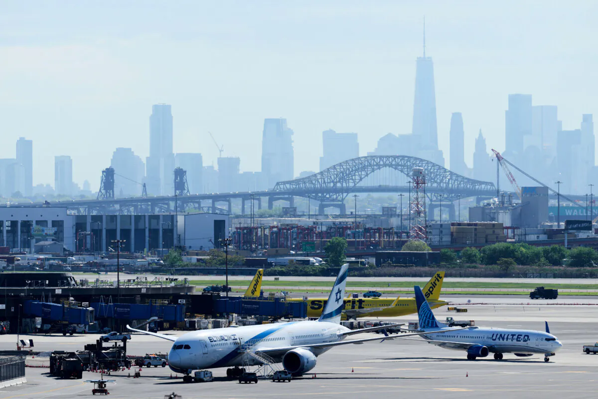 The New York City skyline is seen behind Newark Liberty International Airport in Newark, N.J., on May 7, 2025. (Seth Wenig/AP Photo)
