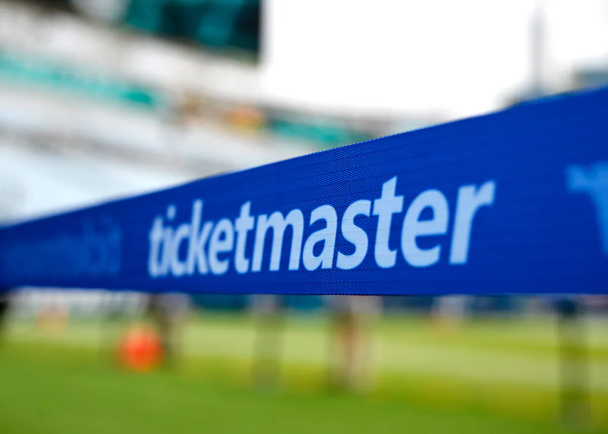 An advertisement for Ticketmaster is viewed along an area reserved for special guests on the sideline of the field before an NFL football game, in Jacksonville, Fla., on Sept. 15, 2024. (AP Photo/Phelan M. Ebenhack, file)