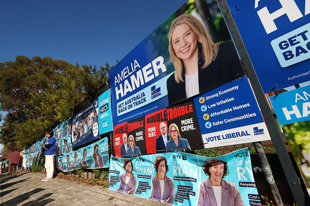 Signage for Amelia Hamer and Monique Ryan can be seen at Kew Primary School in the seat of Kooyong in Melbourne, Australia on May 3, 2025. (Morgan Hancock/Getty Images)