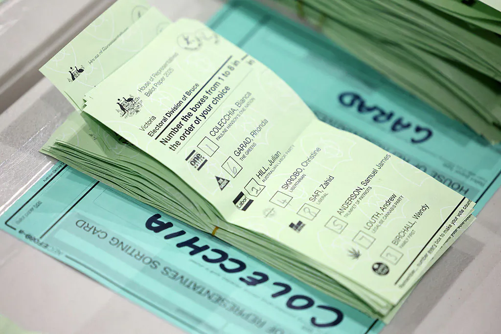 Ballots are seen during counting following the close of polls in Australia's general election at a polling station in Melbourne, Australia on May 3, 2025. (Martin Keep/AFP via Getty Images)