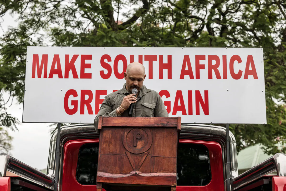 South African farmer Tewie Wessels addresses a group of white South Africans supporting U.S. President Donald Trump in front of the U.S. Embassy in Pretoria, South Africa, on Feb. 15, 2025. (Marco Longari/AFP via Getty Images) 