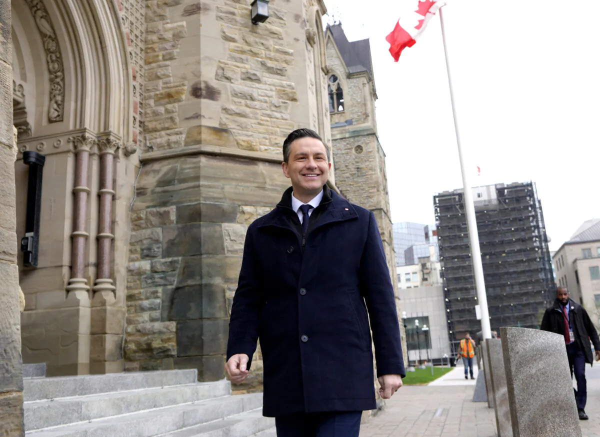 Conservative Leader Pierre Poilievre arrives on Parliament Hill for a meeting of the Conservative caucus following the federal election, in Ottawa, on May 6, 2025. (The Canadian Press/Justin Tang)