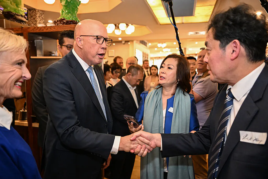 Former Opposition Leader Peter Dutton meets with Chinese community leaders alongside Katie Allen, the Liberal candidate for the Division of Chisholm in Glen Waverley, Melbourne, in Australia on April 30, 2025. (Dan Peled/Getty Images)