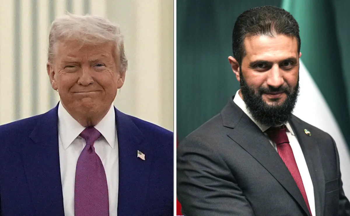 (Left) U.S. President Donald Trump in Riyadh, Saudi Arabia, on May 13, 2025; (Right) Syrian leader Ahmad al-Sharaa in Ankara, Turkey, on Feb. 4, 2025. (Francisco Seco/AP Photo)