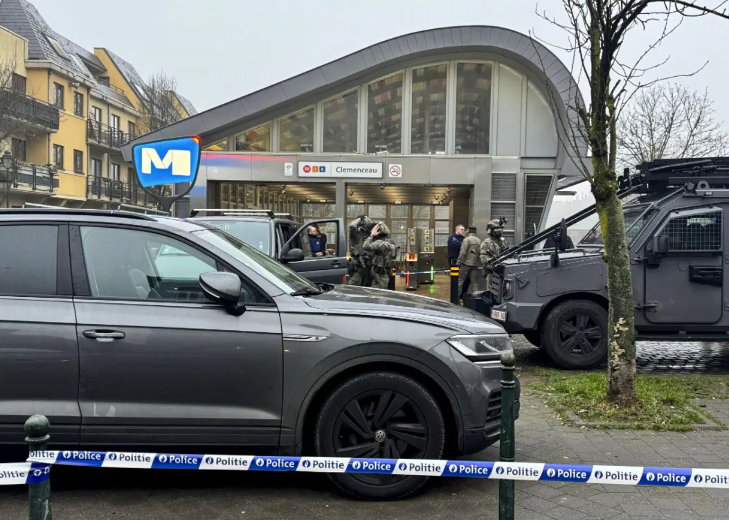 Police officers attend after a shooting at Clemenceau metro station in Brussels, Belgium on Feb. 5, 2025. (Sylvain Plazy/AP)