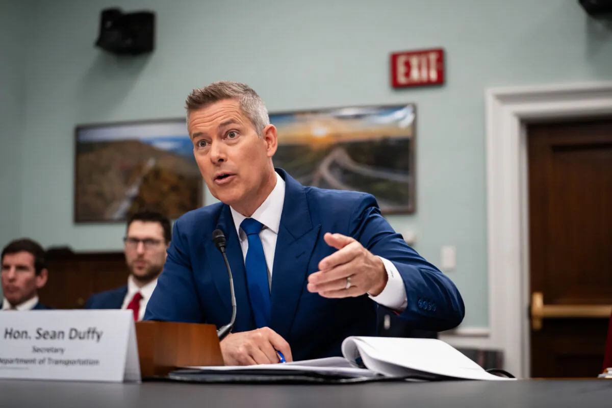 Transportation Secretary Sean Duffy testifies before a House Appropriations Subcommittee on Capitol Hill in Washington on May 14, 2025. (Madalina Vasiliu/The Epoch Times)