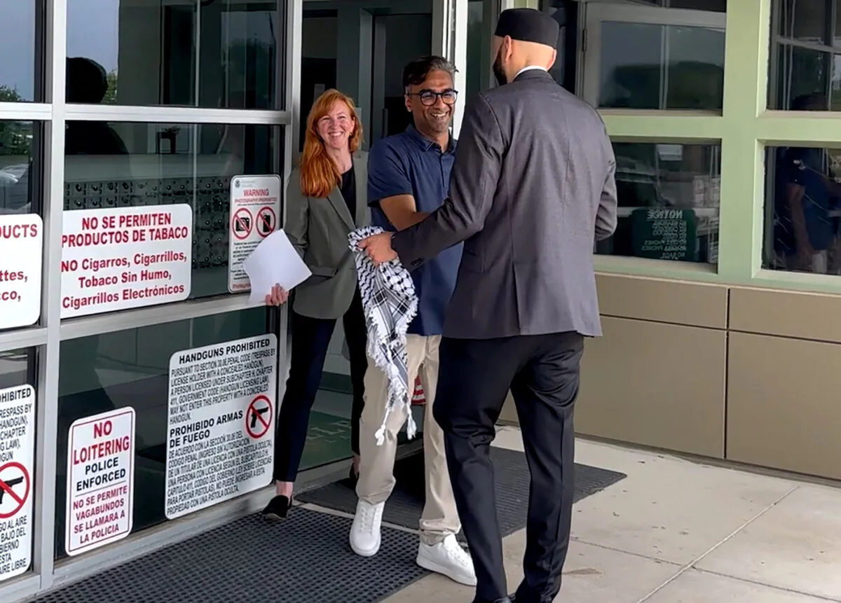 Badar Khan Suri, a postdoctoral fellow at Georgetown University, is released from the Prairieland Detention Center in Alvarado, Texas, on May 14, 2025, in a still image from video. (PYM Dallas/Handout via Reuters)