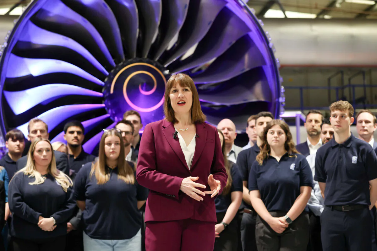 Chancellor Rachel Reeves speaking at the Rolls-Royce factory in Derby, England, on May 15, 2025. (Darren Staples/PA)