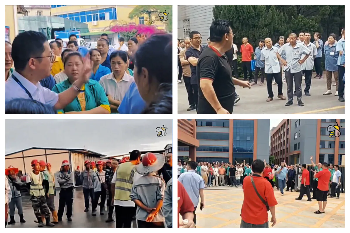 Screenshots taken with permission from videos showing workers protesting over wage disputes in China in May 2025. (Screenshot via yesterdayprotests.com)