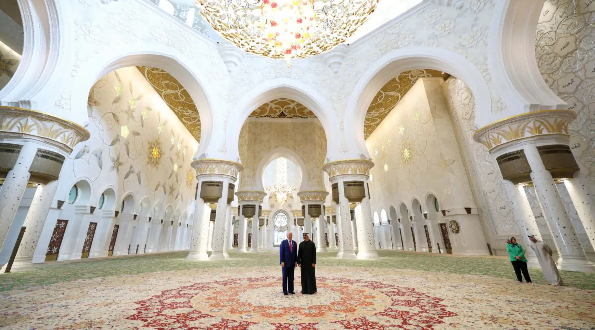 U.S. President Donald J. Trump tours the Sheikh Zayed Grand Mosque, including the mausoleum of the late founder Sheikh Zayed bin Sultan al Nahyan, with UAE President Sheikh Mohamed bin Zayed Al Nahyan in Abu Dhabi, United Arab Emirates, on May 15, 2025. Trump is on the third day of his visit to the Gulf to underscore the strategic partnership between the United States and regional allies including the UAE, focusing on security and economic collaboration. (Win McNamee/Getty Images)