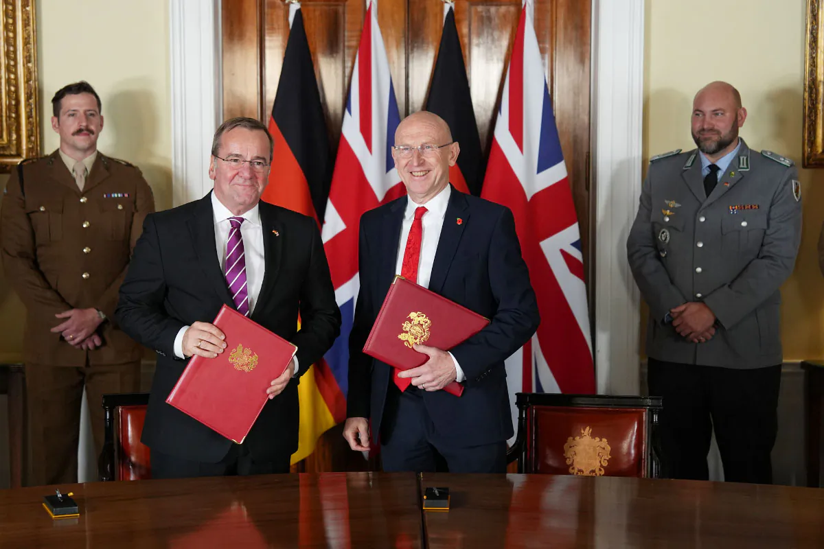 British Defense Secretary John Healey (center R) and his German counterpart Boris Pistorius (center L) at the signing of a new UK-Germany Defence Agreement at Trinity House in London, on Oct. 23, 2024. (Jordan Pettitt/PA)