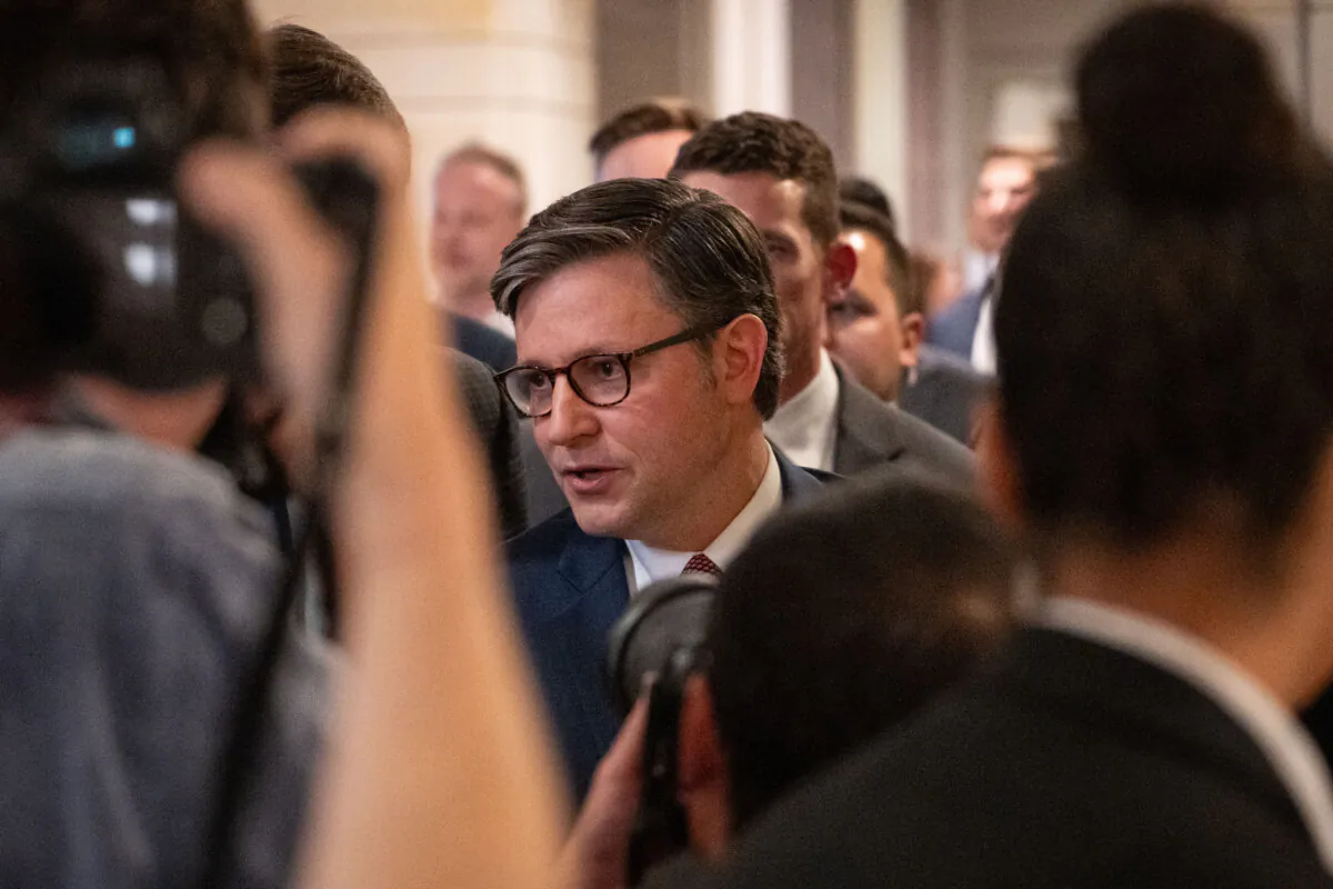 House Speaker Mike Johnson (R-La.) speaks to reporters after a GOP meeting on the reconciliation bill on Capitol Hill in Washington on May 15, 2025. (Madalina Vasiliu/The Epoch Times)