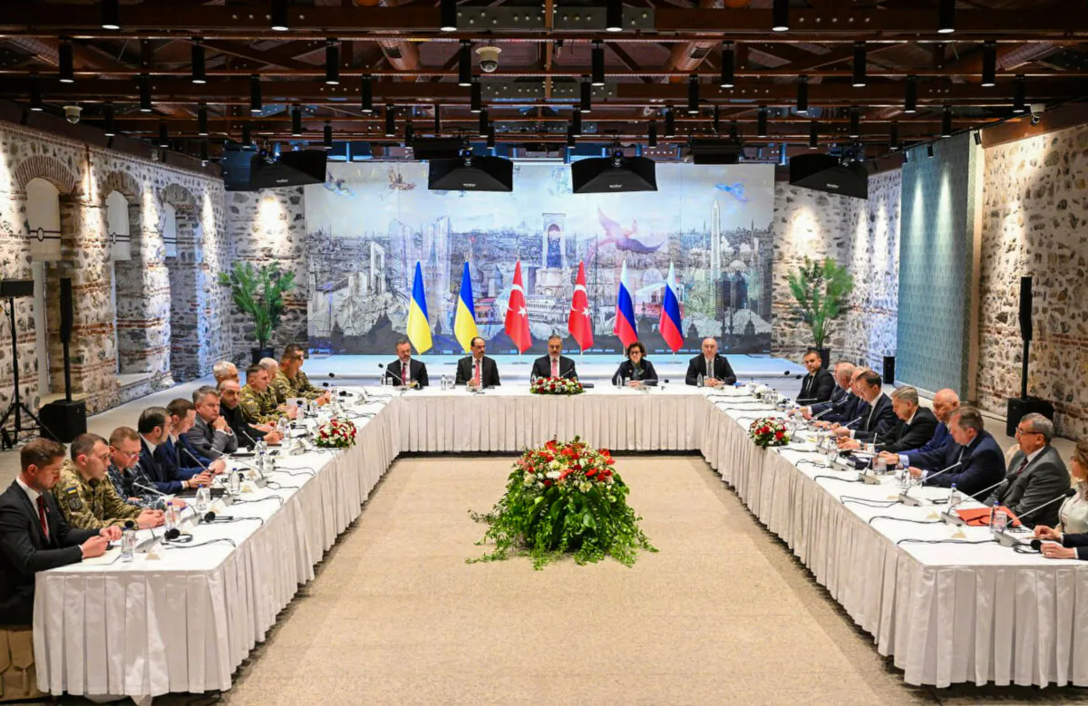 Russian and Ukrainian delegations attend talks at the Dolmabache palace, in Istanbul, Turkey, on May 16, 2025. (Ramil Sitdikov, Sputnik Pool Photo via AP)
