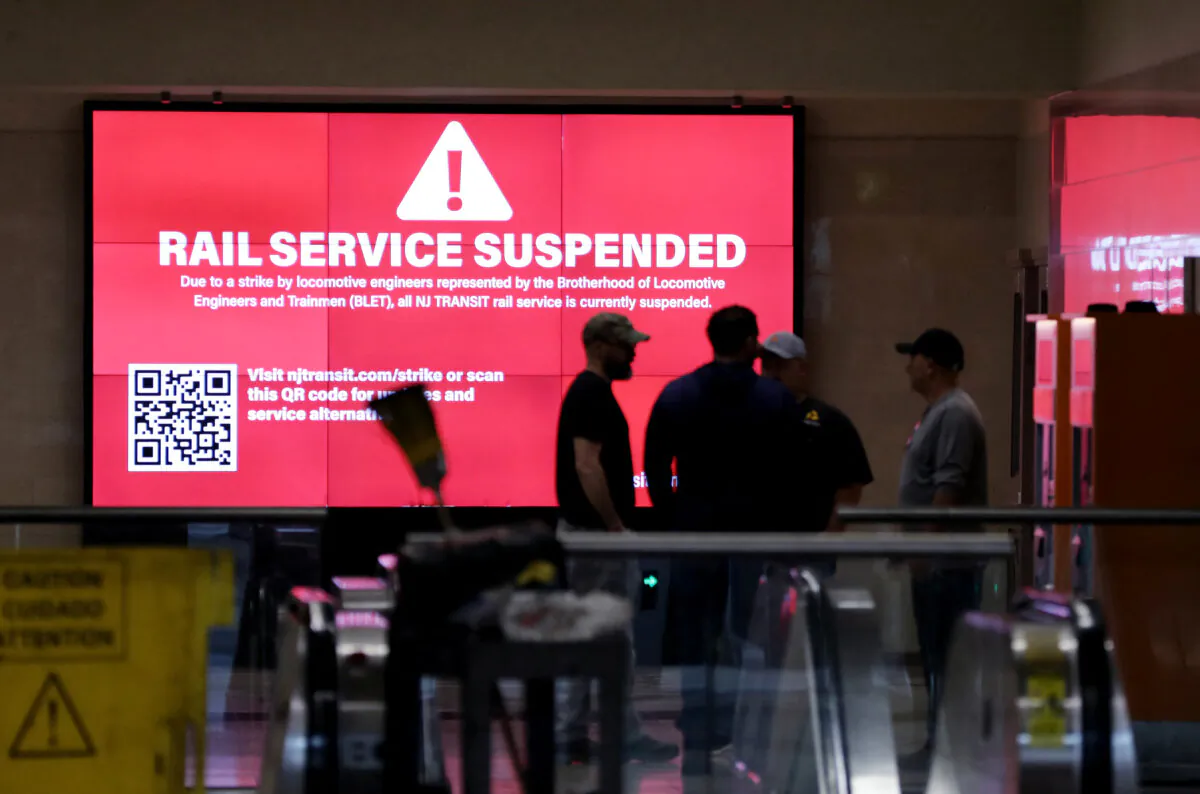 A “Rail Service Suspended” sign is displayed at the Secaucus Junction Station in Secaucus, N.J., during a transit strike on May 16, 2025. (Leonardo Munoz/AFP via Getty Images)