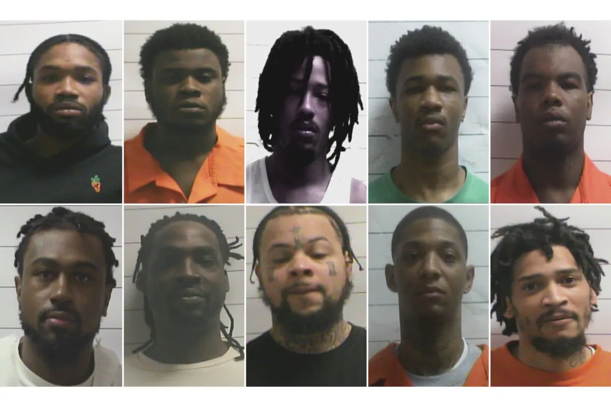 Photos provided by Orleans Parish Sheriff's Office show, at top from left: Dkenan Dennis (captured), Gary C Price, Robert Moody (captured), Kendell Myles (captured), Corey E Boyd. Bottom from left: Lenton Vanburen Jr, Jermaine Donald,  Antonine T Massey, Derrick D. Groves, and Leo Tate Sr. (Orleans Parish Sheriff's Office via AP)