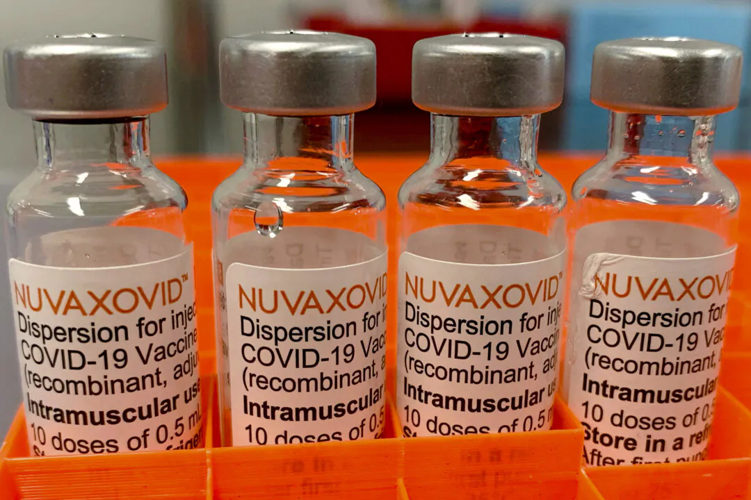 Four vials with the "Nuvaxovid" COVID-19 vaccine from Novavax in Saarbrucken, Germany, on Feb. 26, 2022. (Frank Simon/Reuters)
