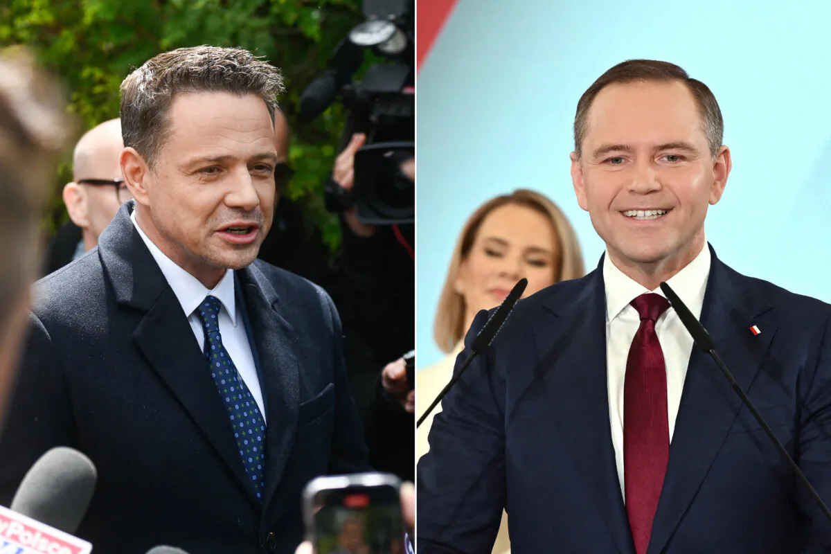 (Left) Warsaw Mayor Rafal Trzaskowski speaks in Warsaw, Poland, on May 18, 2025; (Right) Presidential candidate Karol Nawrocki in Gdansk, Poland, on May 18, 2025. (Omar Marques/Getty Images; Mateusz Slodkowski/AFP via Getty Images)