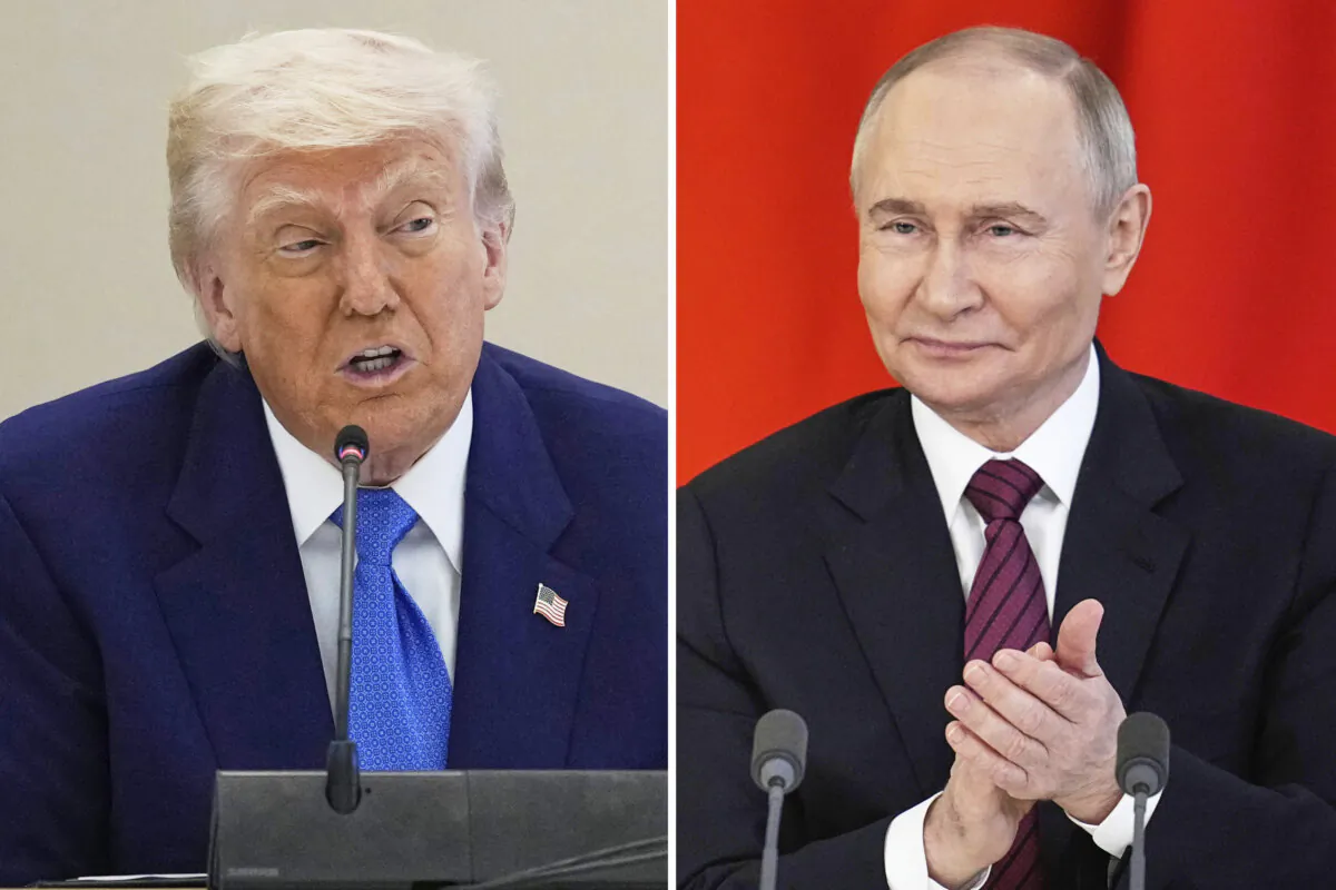 (Left) President Donald Trump in a business roundtable in Abu Dhabi, United Arab Emirates, on May 16, 2025; (Right) Russian President Vladimir Putin at a signing ceremony at the Kremlin in Moscow on May 10, 2025. (AP Photo)