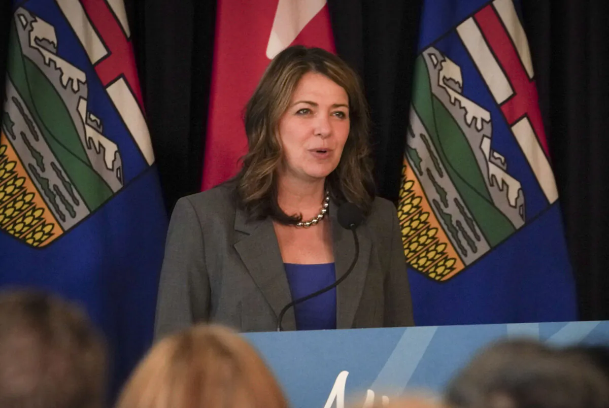Alberta Premier Danielle Smith speaks at a press conference in Calgary on May 16, 2025. (Carolina Avendano/The Epoch Times)