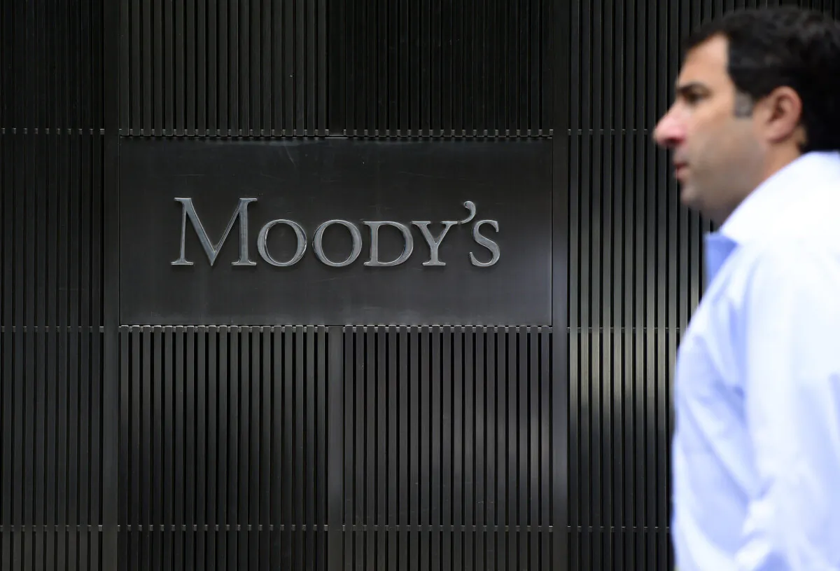 A sign for Moody's rating agency at the company headquarters in New York City, in an undated file photograph. (Emmanuel Dunand/AFP via Getty Images)