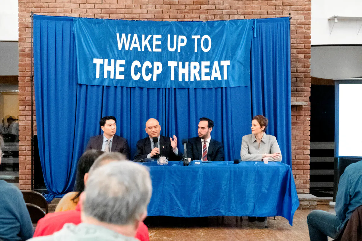 (L–R) David Zhang, Sean Lin, Chris Chappell, and Kay Rubacek at the Wake Up to CCP Threat seminar in Warwick, N.Y., on March 22, 2023. (Cara Ding/The Epoch Times)
