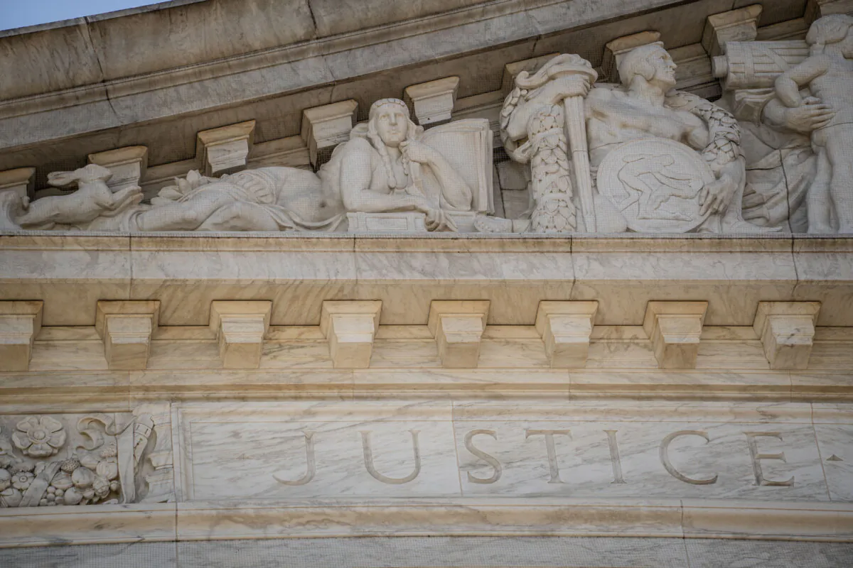 Part of the East Pediment of the U.S. Supreme Court building in Washington on May 19, 2025. (Madalina Vasiliu/The Epoch Times)