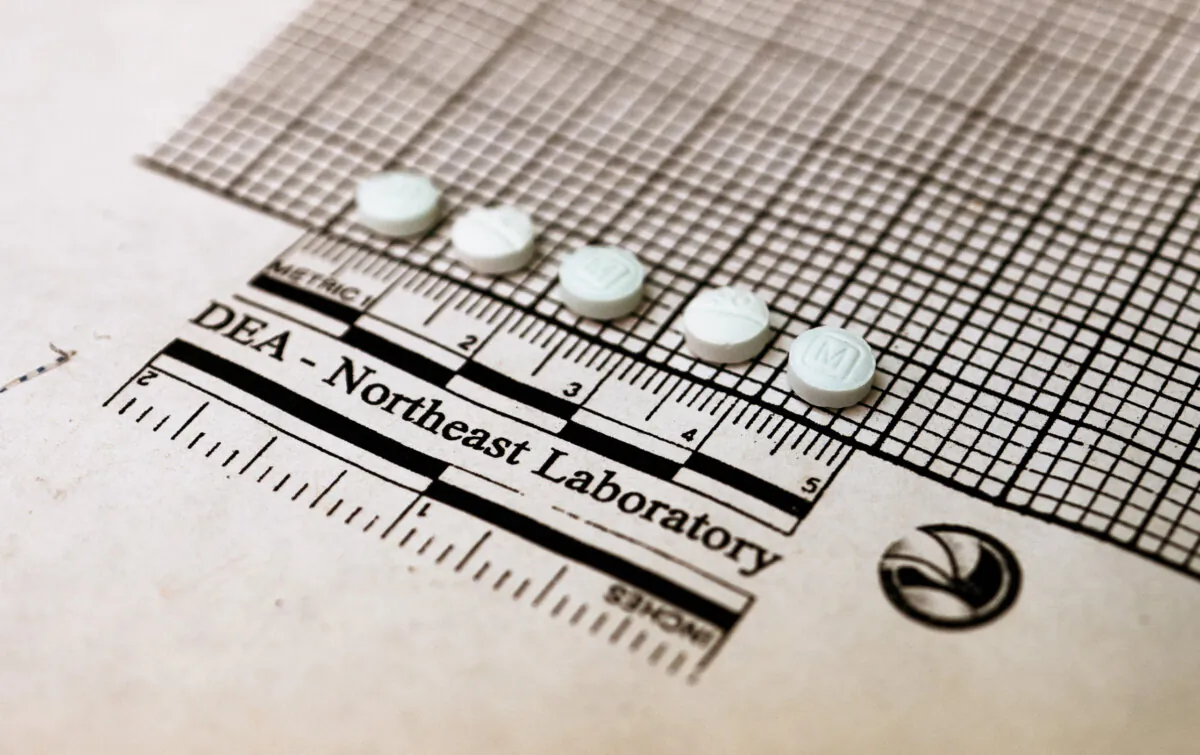 Tablets suspected to be fentanyl are placed on a graph to measure their size at the Drug Enforcement Administration Northeast Regional Laboratory in New York City on Oct. 8, 2019. (Don Emmert/AFP via Getty Images)