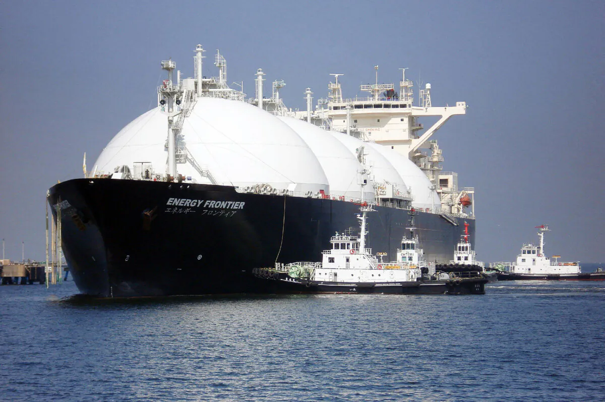 A liquefied natural gas tanker arrives at a gas storage station in Chiba prefecture, Japan, on April 6, 2009. (STR/JIJI Press/AFP via Getty Images)