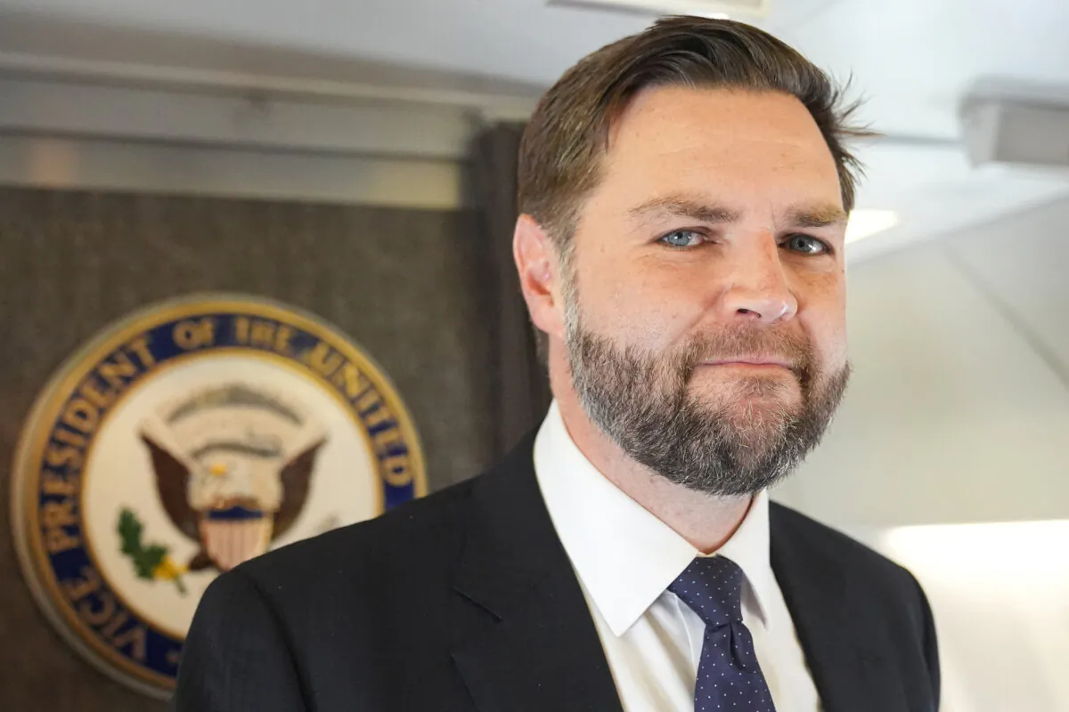 Vice President JD Vance talks to reporters on board of the Air Force Two at Leonardo da Vinci International Airport in Rome on May 19, 2025. (Jacquelyn Martin/Pool/AFP via Getty Images)