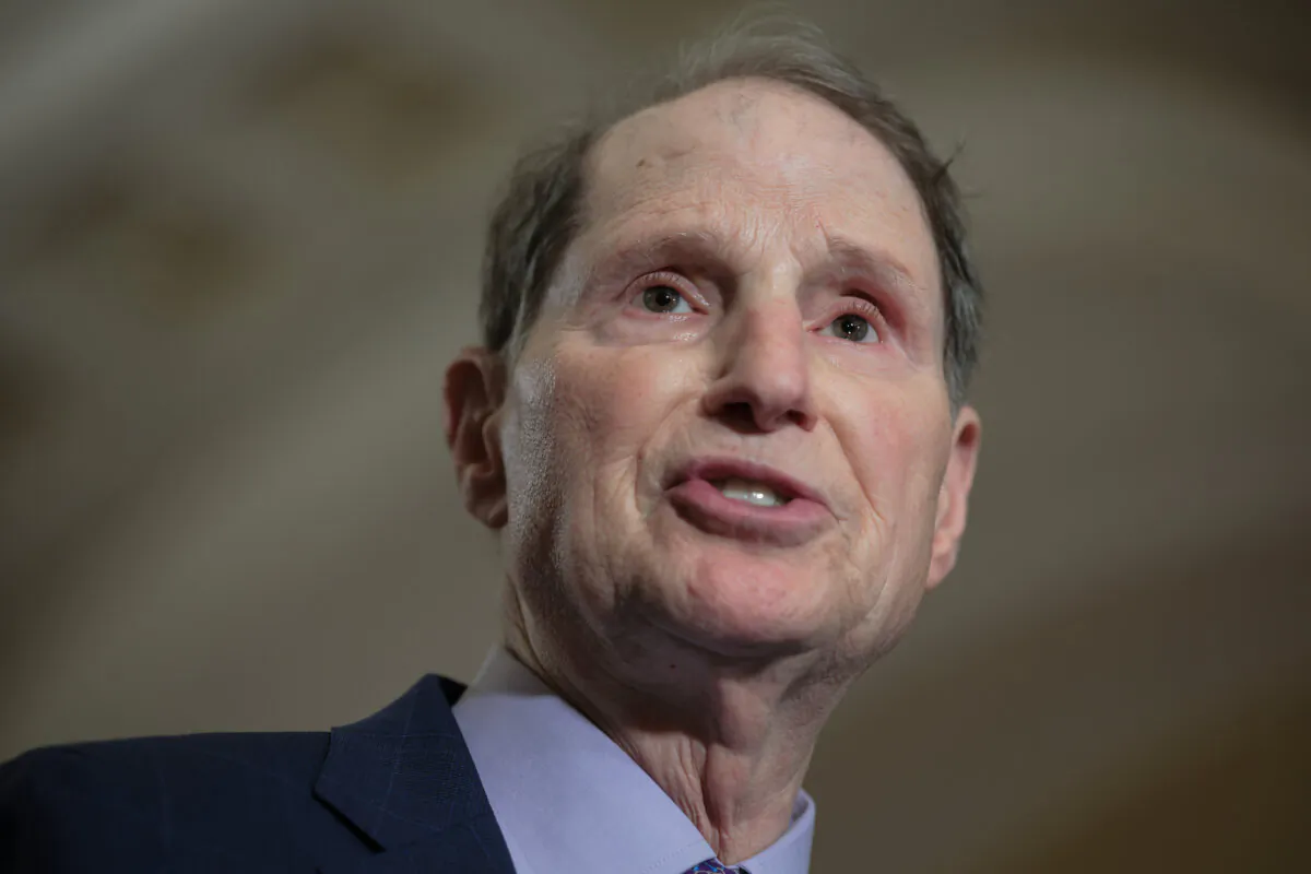 Sen. Ron Wyden (D-OR) speaks to reporters following the weekly Democrat Senate policy luncheon at the U.S. Capitol in Washington on May 6, 2025. (Kayla Bartkowski/Getty Images)
