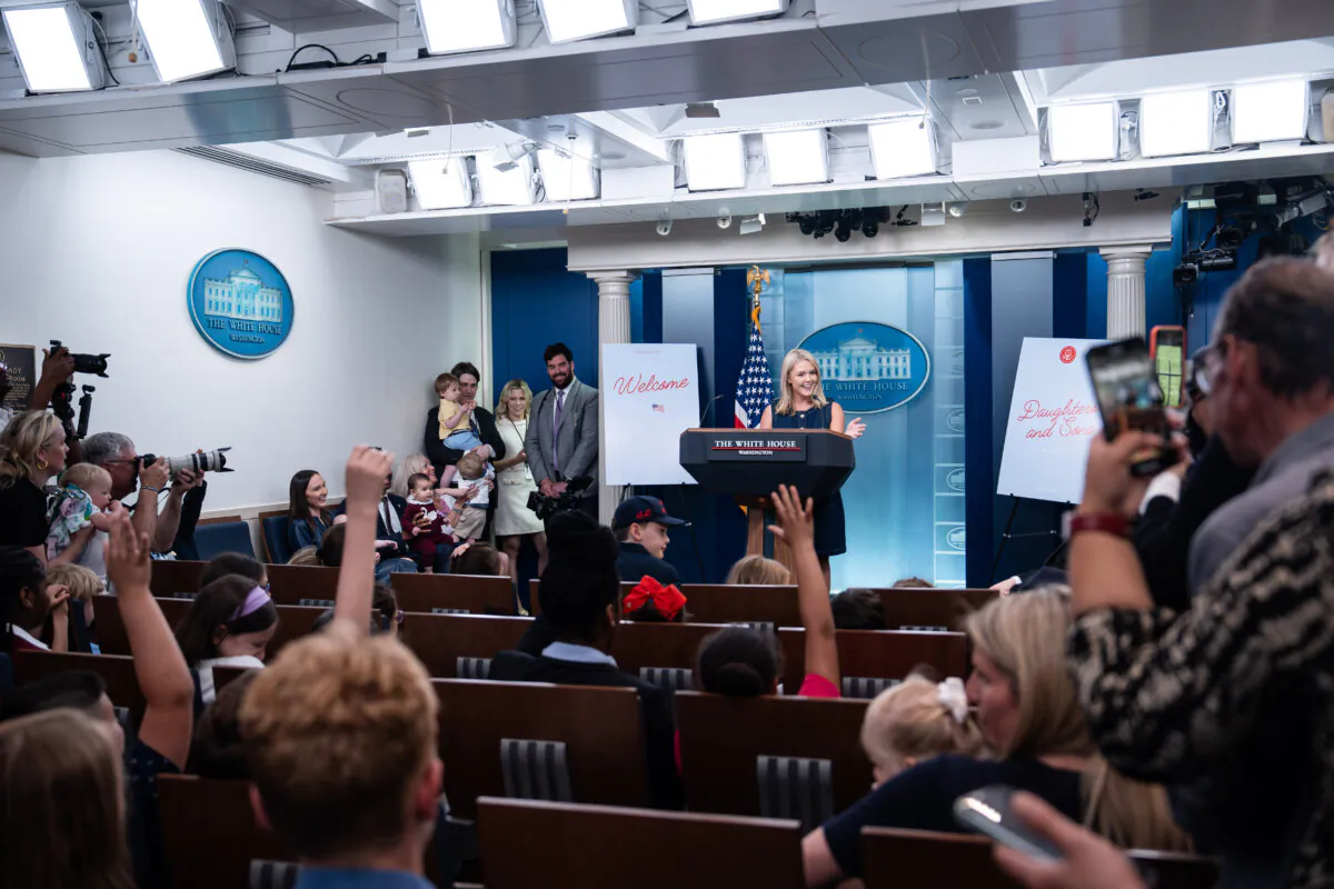 White House press secretary Karoline Leavitt takes questions from children during Take Our Sons and Daughters to Work Day in the press briefing room of the White House on May 20, 2025. (Madalina Vasiliu/The Epoch Times)