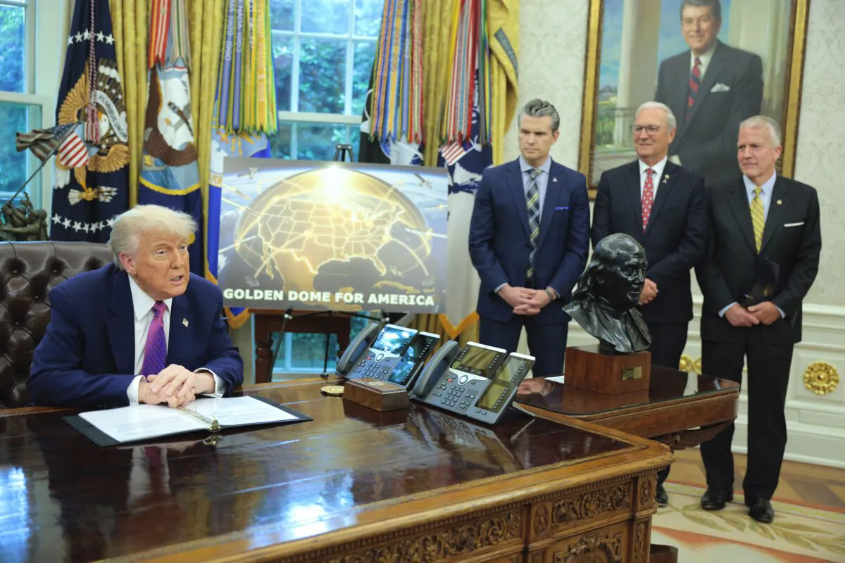 U.S. President Donald Trump speaks alongside Defense Secretary Pete Hegseth, Sen. Kevin Cramer, and Sen. Dan Sullivan in the Oval Office at the White House as he announced his plans for the "Golden Dome for America,” on May 20, 2025. (Chip Somodevilla/Getty Images)