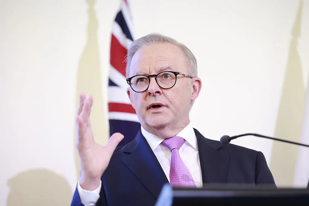 Prime Minister Anthony Albanese speaks to Members of the Labor Government in the caucus meeting in Canberra, Australia, on May 9, 2025. (Hilary Wardhaugh/Getty Images)