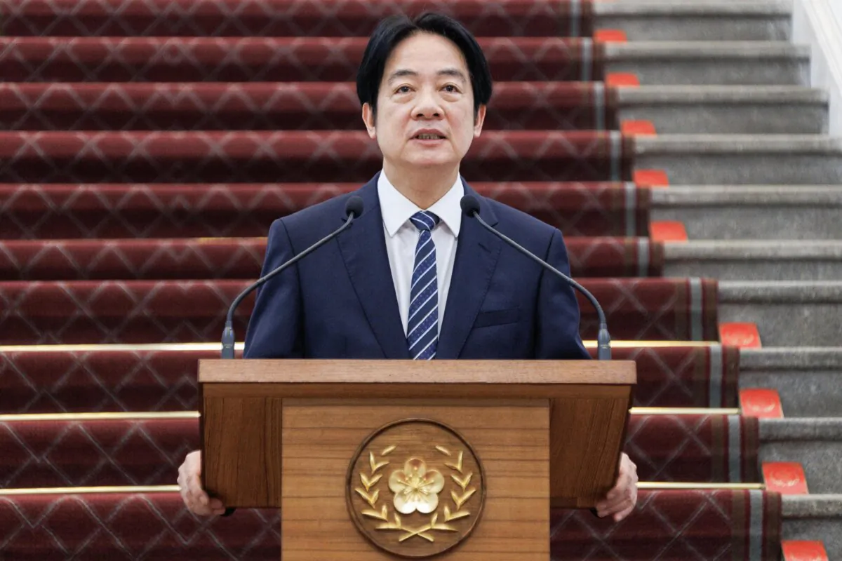 Taiwanese President Lai Ching-te delivers an address to mark the first anniversary of his inauguration at the Presidential Office in Taipei on May 20, 2025. (Cheng Yu-chen/AFP via Getty Images)