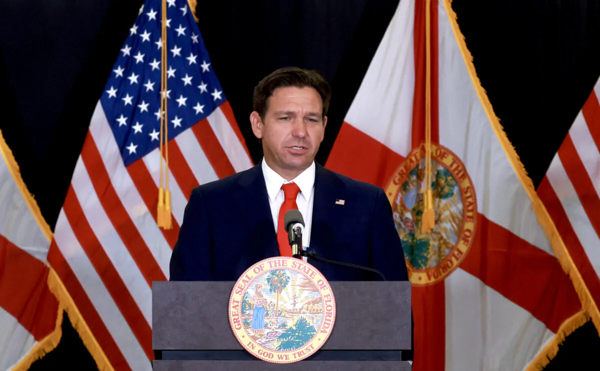 Florida Gov. Ron DeSantis speaks during a news conference on Sept. 17, 2024. (Joe Raedle/Getty Images)