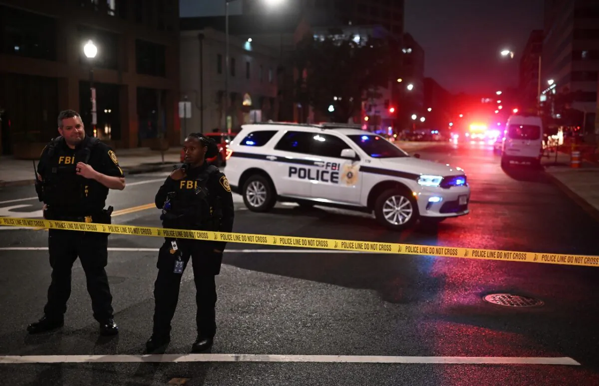 FBI agents cordon off the scene outside the Capital Jewish Museum following a shooting that left two people dead in Washington on May 21, 2025. (Alex Wroblewski/AFP via Getty Images)
