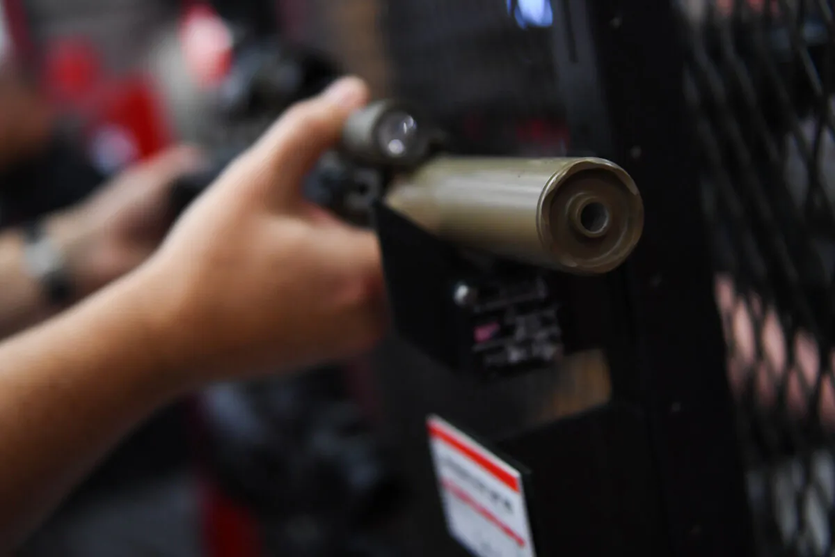 A firearm sound suppressor, commonly referred to as a silencer, is displayed during the National Rifle Association's annual meeting at the George R. Brown Convention Center, in Houston on May 28, 2022. (Patrick T. Fallon/AFP via Getty Images)