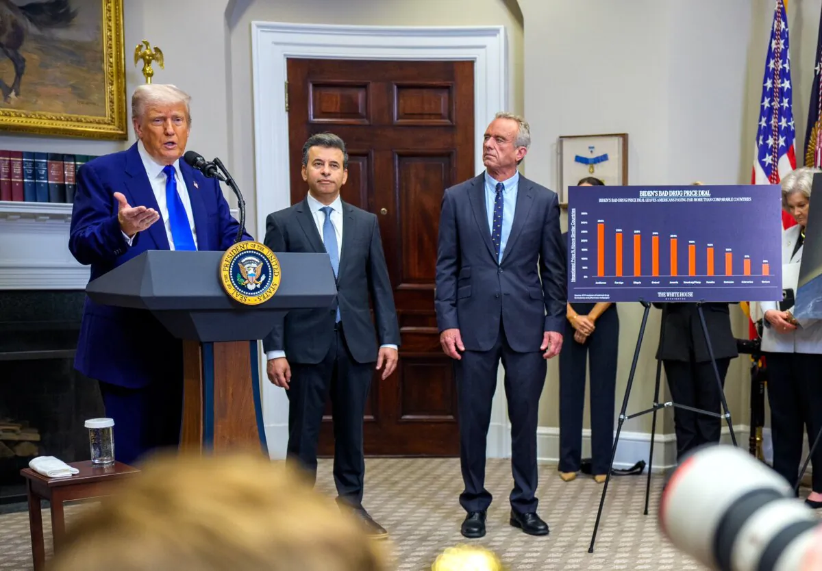 U.S. President Donald Trump (L), accompanied by Food and Drug Administration (FDA) Commissioner Martin Makary (2nd-L), and Health and Human Services Secretary Robert F. Kennedy Jr. (C), speaks during a press conference in the Roosevelt Room of the White House, in Washington, DC, on May 12, 2025. (Andrew Harnik/Getty Images)