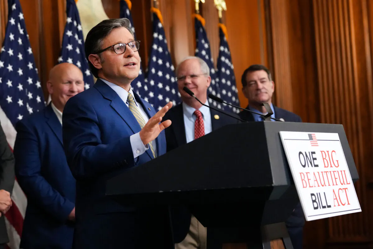 U.S. Speaker of the House Mike Johnson (R-LA) speaks to the media at the U.S. Capitol in Washington on May 22, 2025. (Kevin Dietsch/Getty Images)
