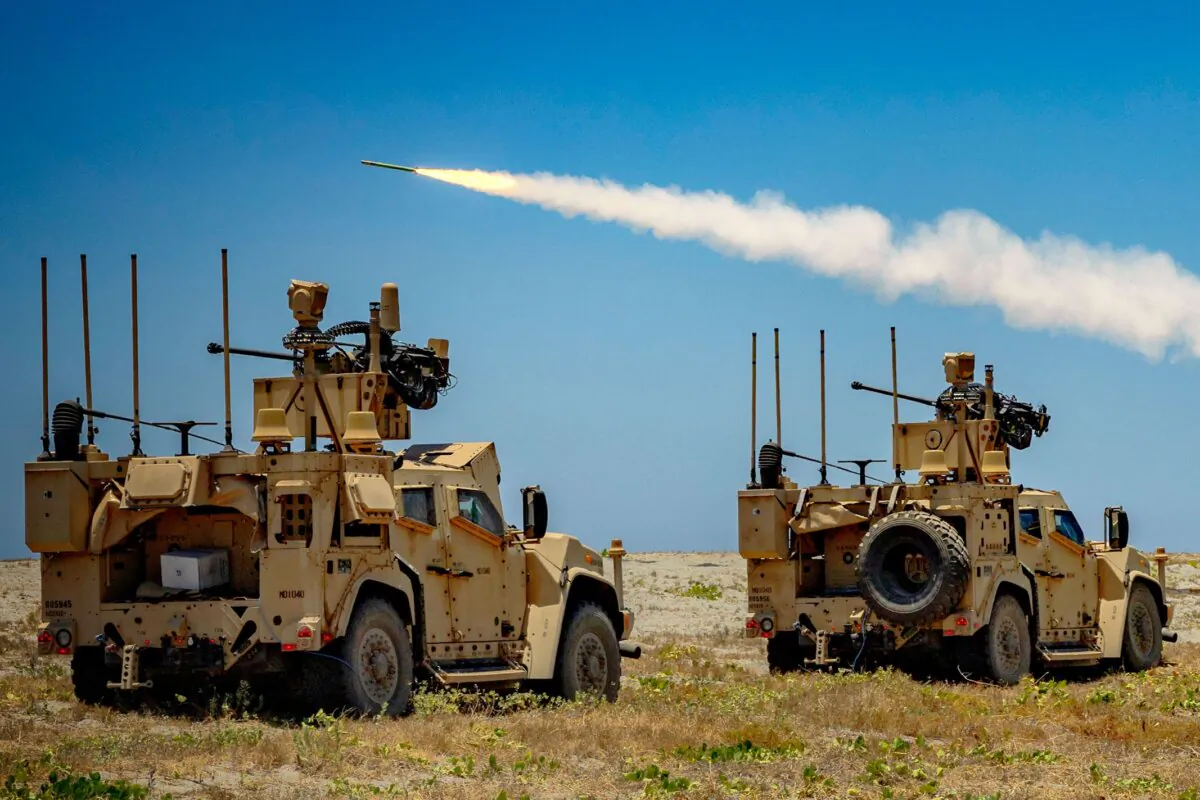 A U.S. Marine Air Defense Integrated System fires at a drone during a live fire exercise as part of U.S.–Philippines joint military exercises at Naval Station Leovigildo Gantioqui in San Antonio, Philippines, on April 27, 2025. (Ezra Acayan/Getty Images)